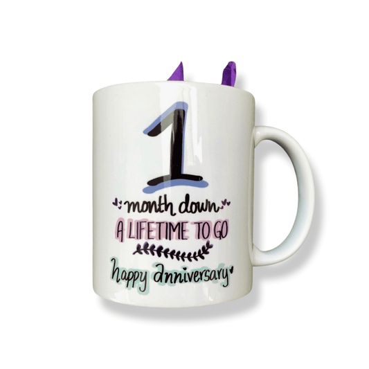 an anniversary mug stating 1 month of a relationship has passed